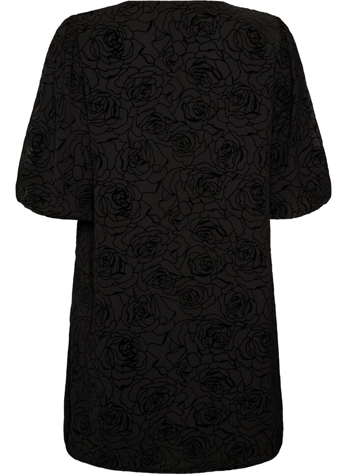 Kurzes Kleid mit Rosenprint und Kn&ouml;pfen, Schwarz, Packshot image number 1