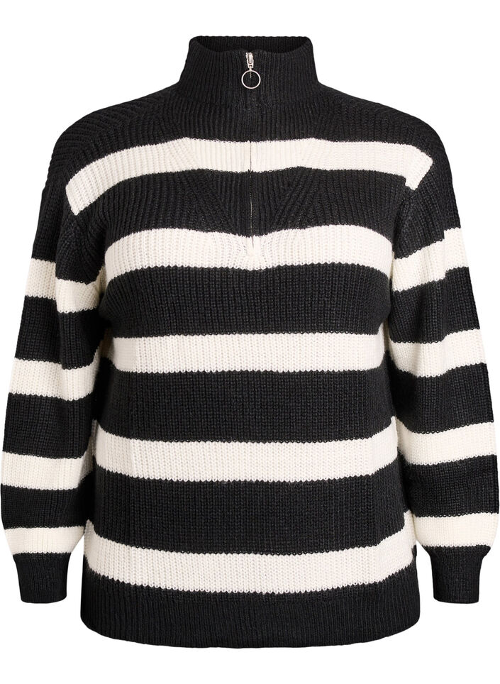 Strickpullover mit hohem Kragen und Rei&szlig;verschluss, Schwarz, Packshot image number 0