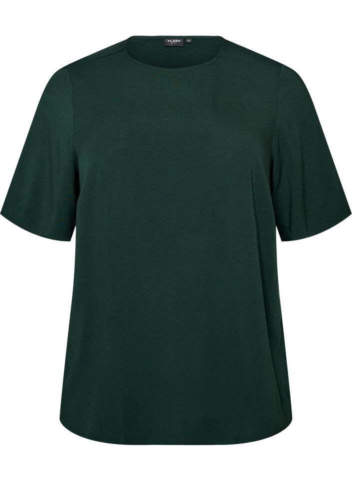 Kurz&auml;rmelige, gewebte Bluse mit Rundhals, Gr&uuml;n, Packshot image number 0