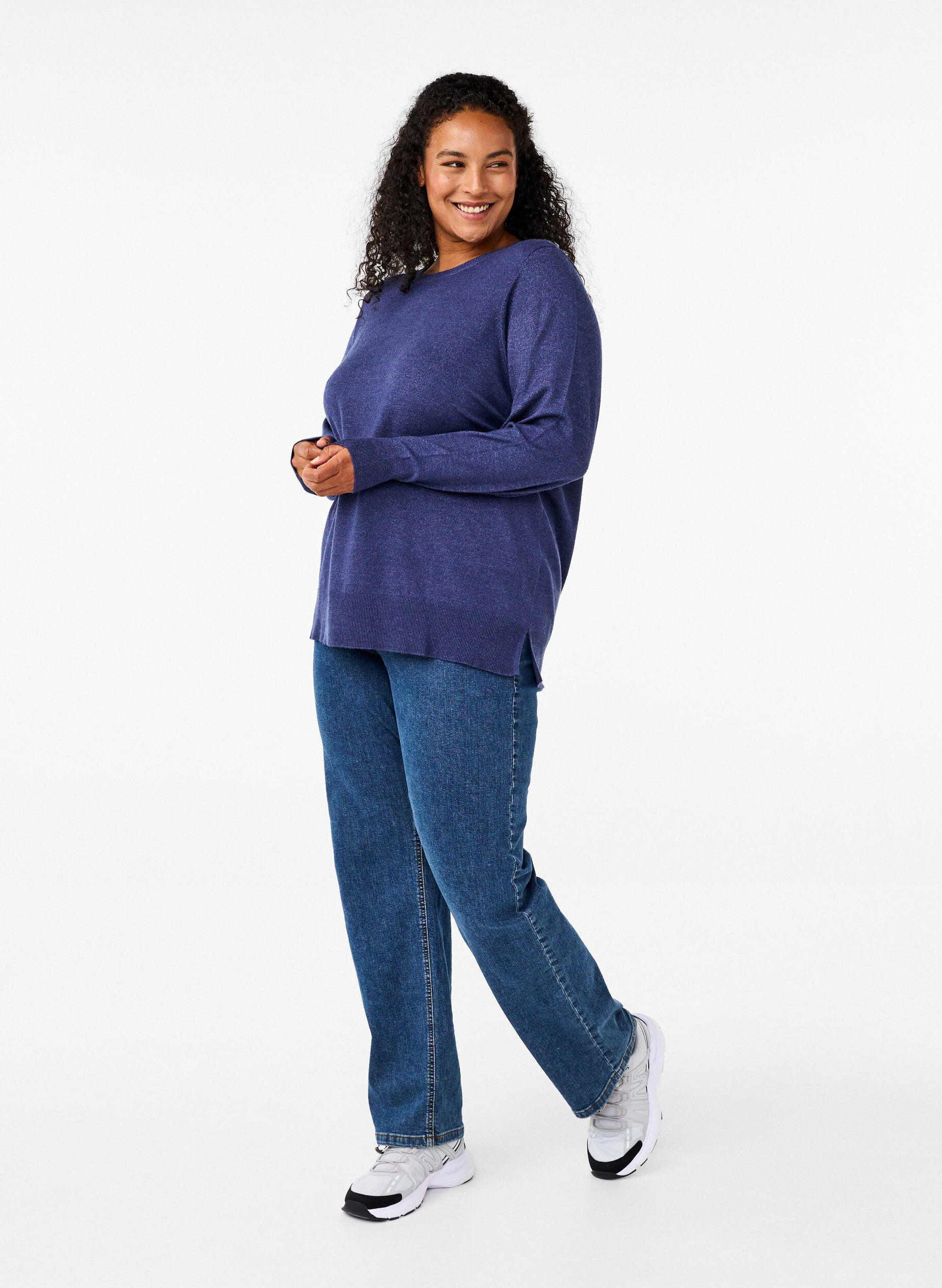 ZizziStrickbluse mit langen &Auml;rmeln und Schlitz, Blau, Model image number 1