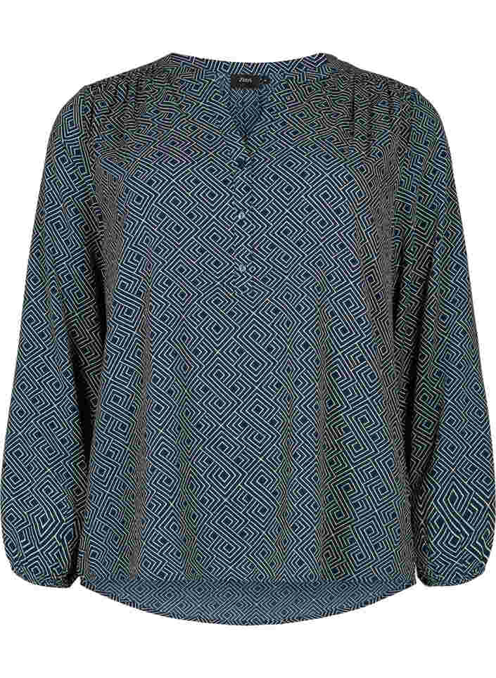 Langarm Bluse mit Print und V-Ausschnitt, Blue Graphic, Packshot image number 0