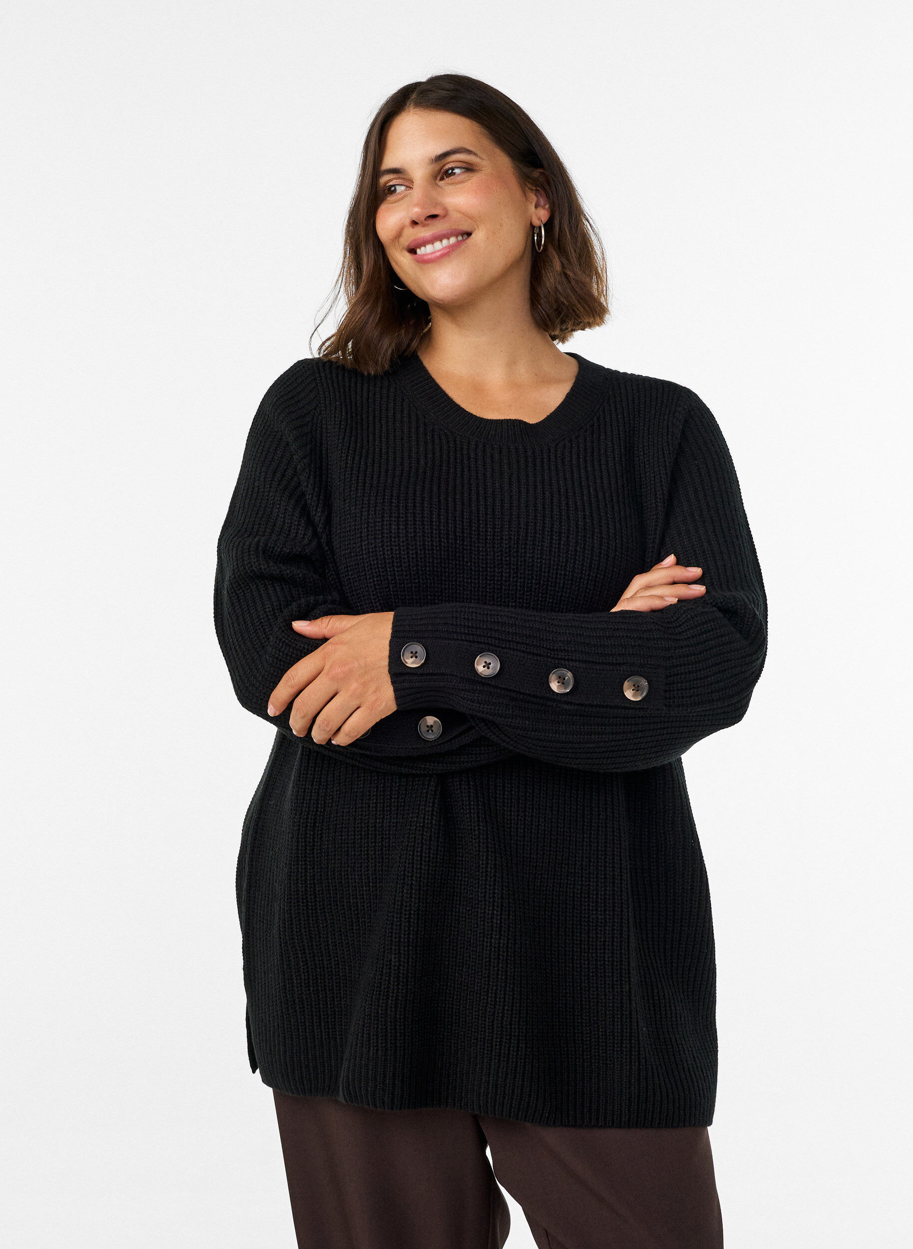 ZizziStrickbluse mit Rippstruktur und Knopfdetails, Schwarz, Model image number 0