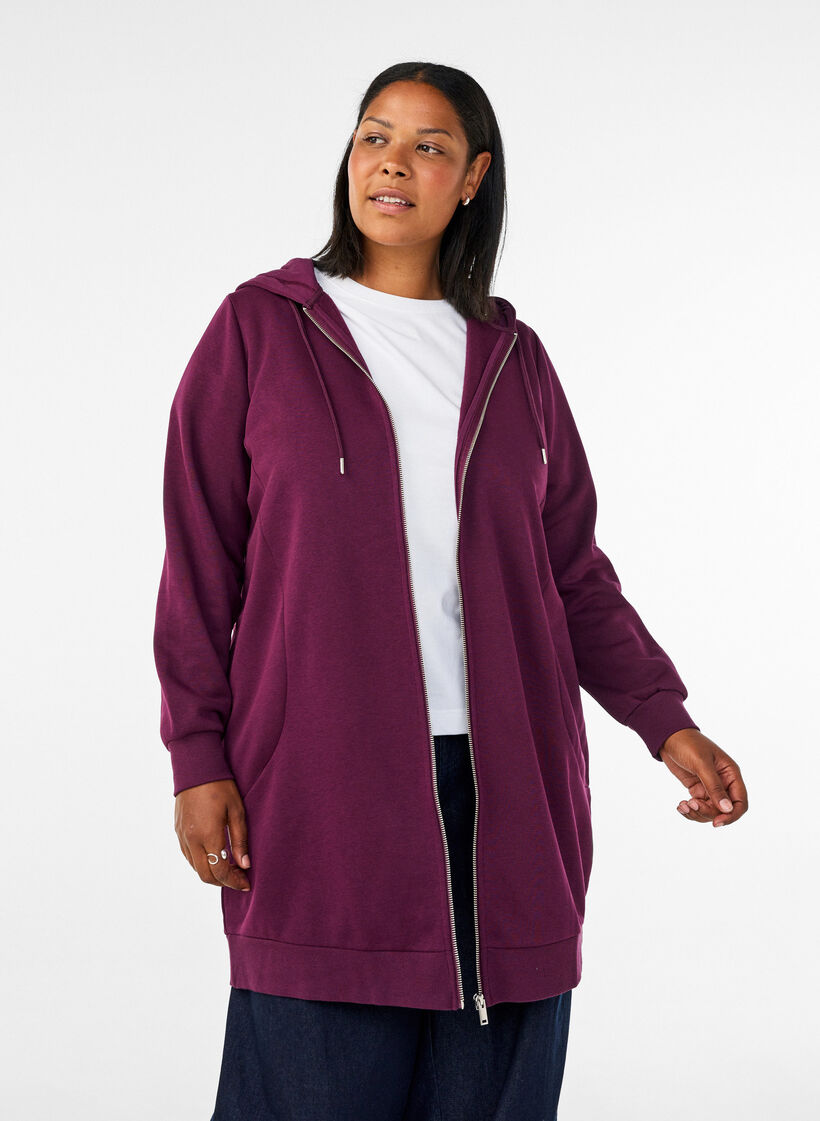 Langer Hoodie mit Rei&szlig;verschluss und Taschen, Lila, Model image number 0