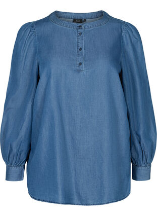 Bluse mit langen Puffärmeln und Knöpfen, Blue denim, Packshot image number 0