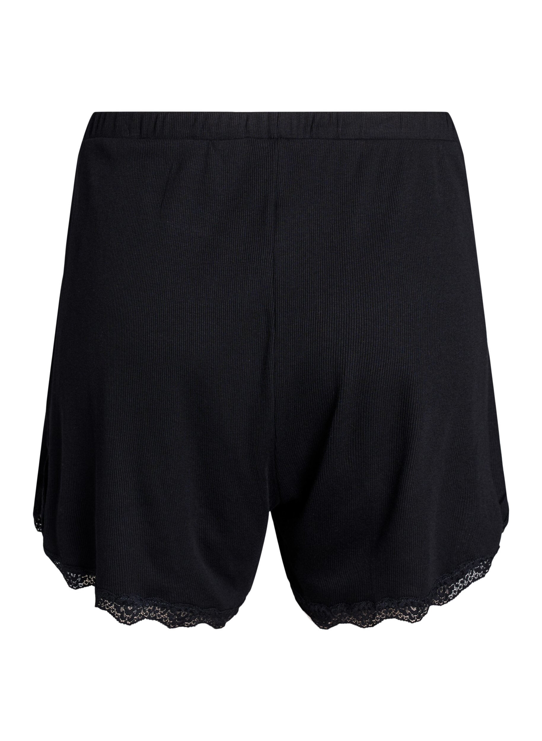 ZizziLockere Nachtshorts aus geripptem Material mit Spitzensaum, Schwarz, Packshot image number 1