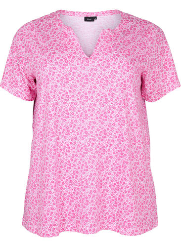 Florales T-Shirt aus Baumwolle mit V-Ausschnitt, Shocking Pink AOP, Packshot image number 0