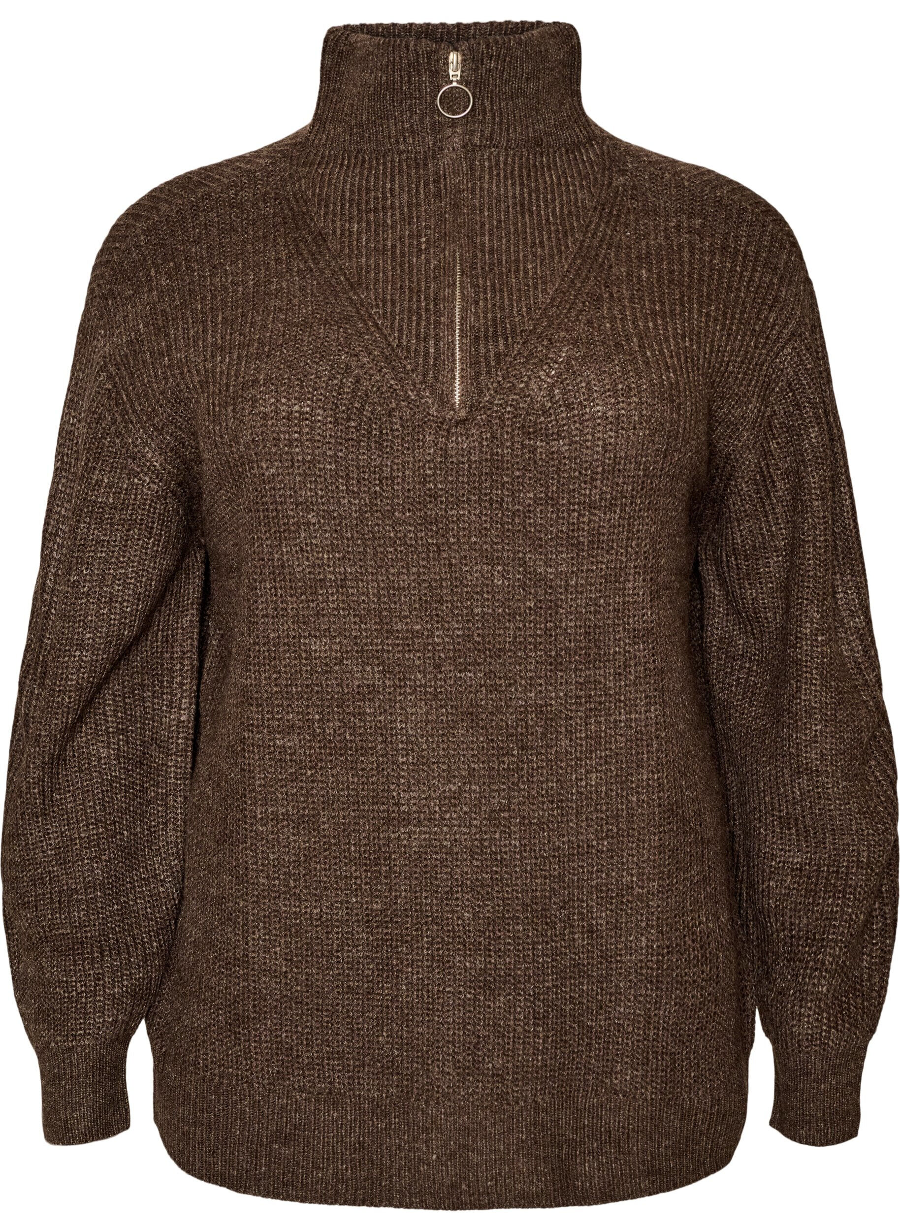 ZizziStrickpullover mit hohem Kragen und Rei&szlig;verschluss, Braun, Packshot image number 0