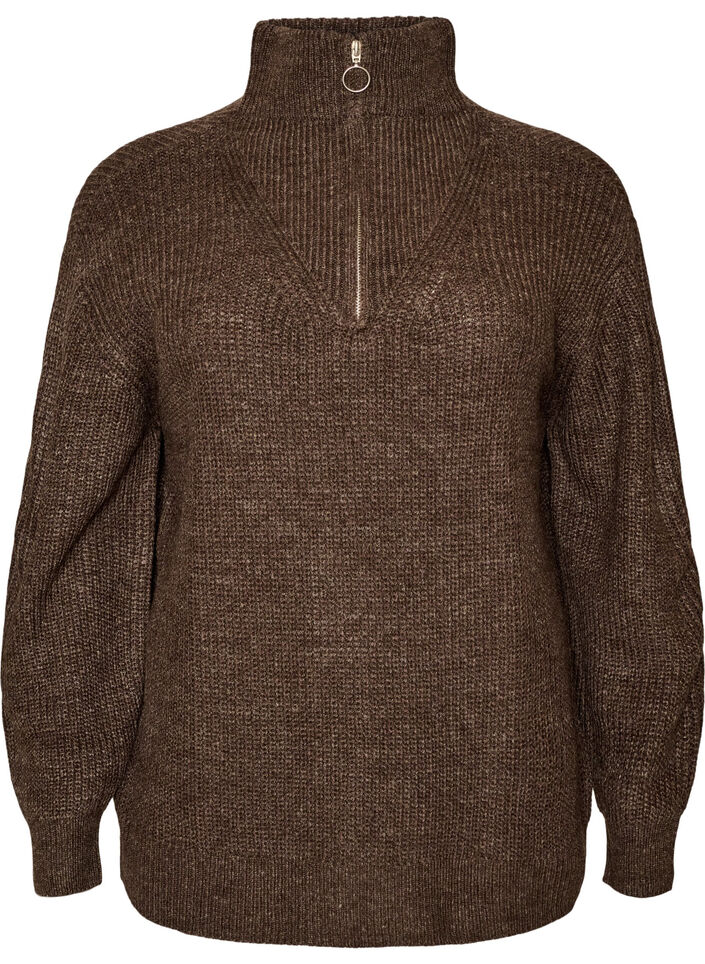 Strickpullover mit hohem Kragen und Rei&szlig;verschluss, Braun, Packshot image number 0