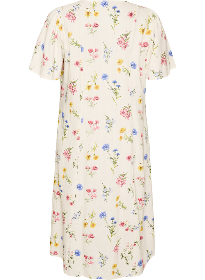 Midikleid aus Leinen und Viskose mit R&uuml;schen&auml;rmeln, Beige, Packshot image number 1