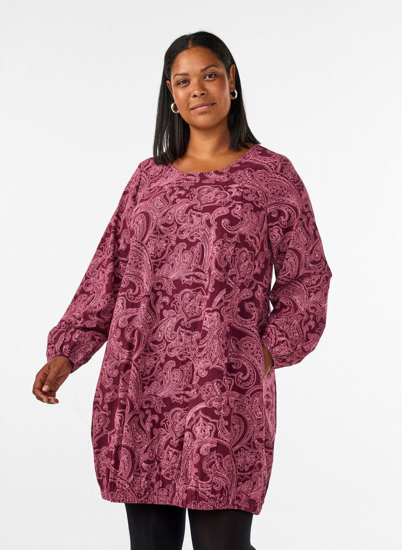Kurzes Baumwollkleid mit Gummisaum und langen &Auml;rmeln, Dunkles Bordeaux, Model image number 0