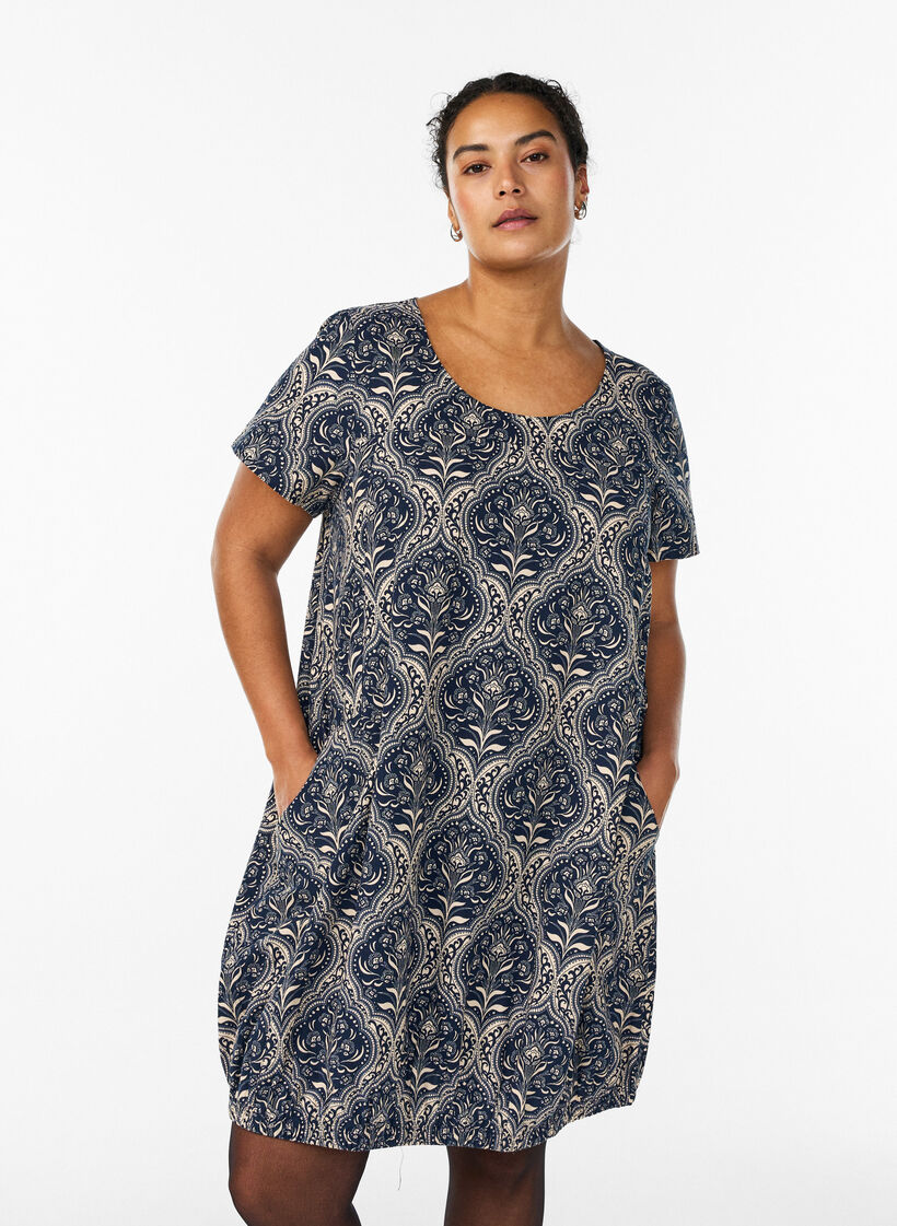 Kurz&auml;rmliges Baumwollkleid mit Print, Blau, Model image number 0