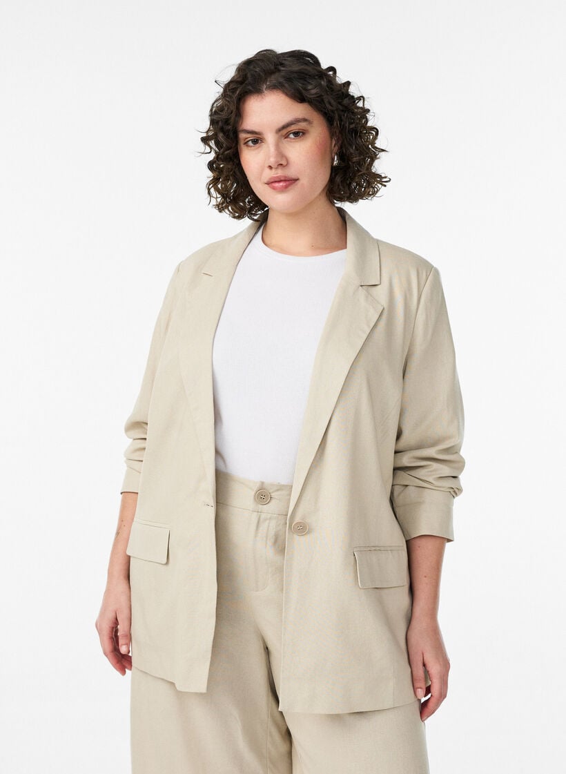 Blazer aus Leinen und Viskose mit Revers und Taschen, Beige, Model image number 0