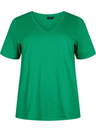 Kurzärmeliges Basic T-Shirt mit V-Ausschnitt, Jolly Green, Packshot image number 0