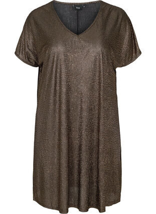 Festliches Kleid mit kurzen Ärmeln und V-Aussschnitt, Black w Gold, Packshot image number 0