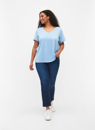 Kurzärmeliges T-Shirt mit V-Ausschnitt, Placid Blue, Model image number 2