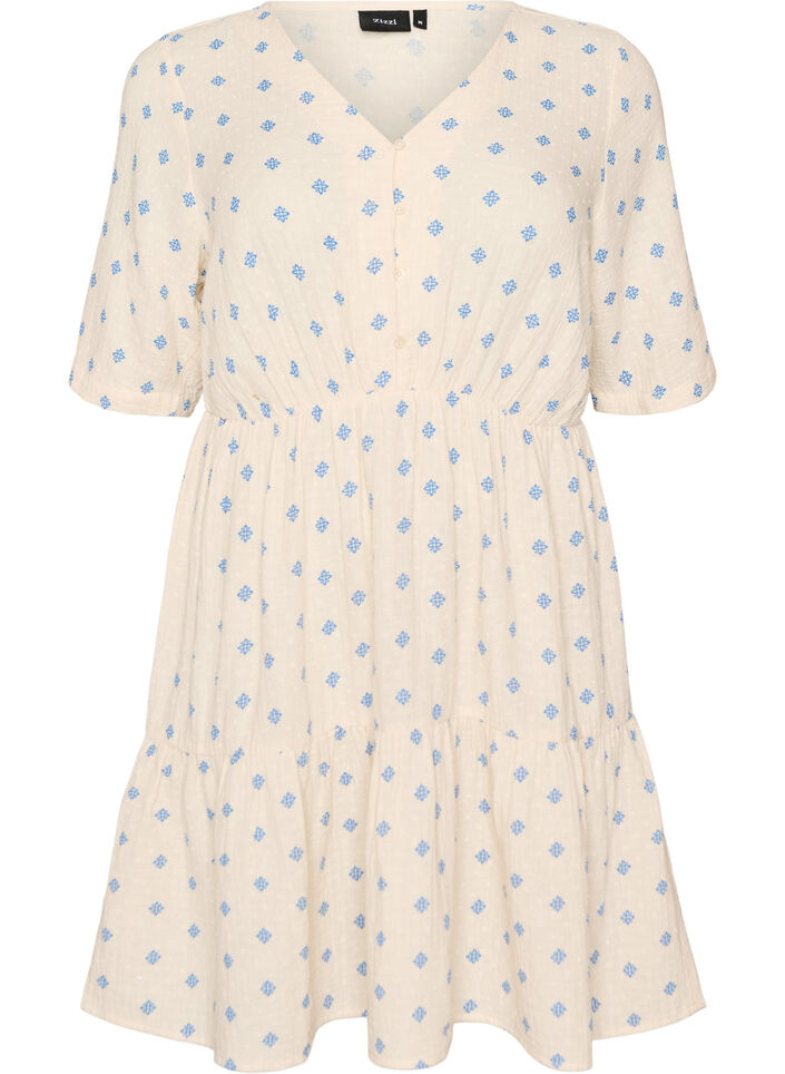 Bedrucktes Kleid aus Baumwolle mit Gummizug in der Taille, Beige, Packshot image number 0