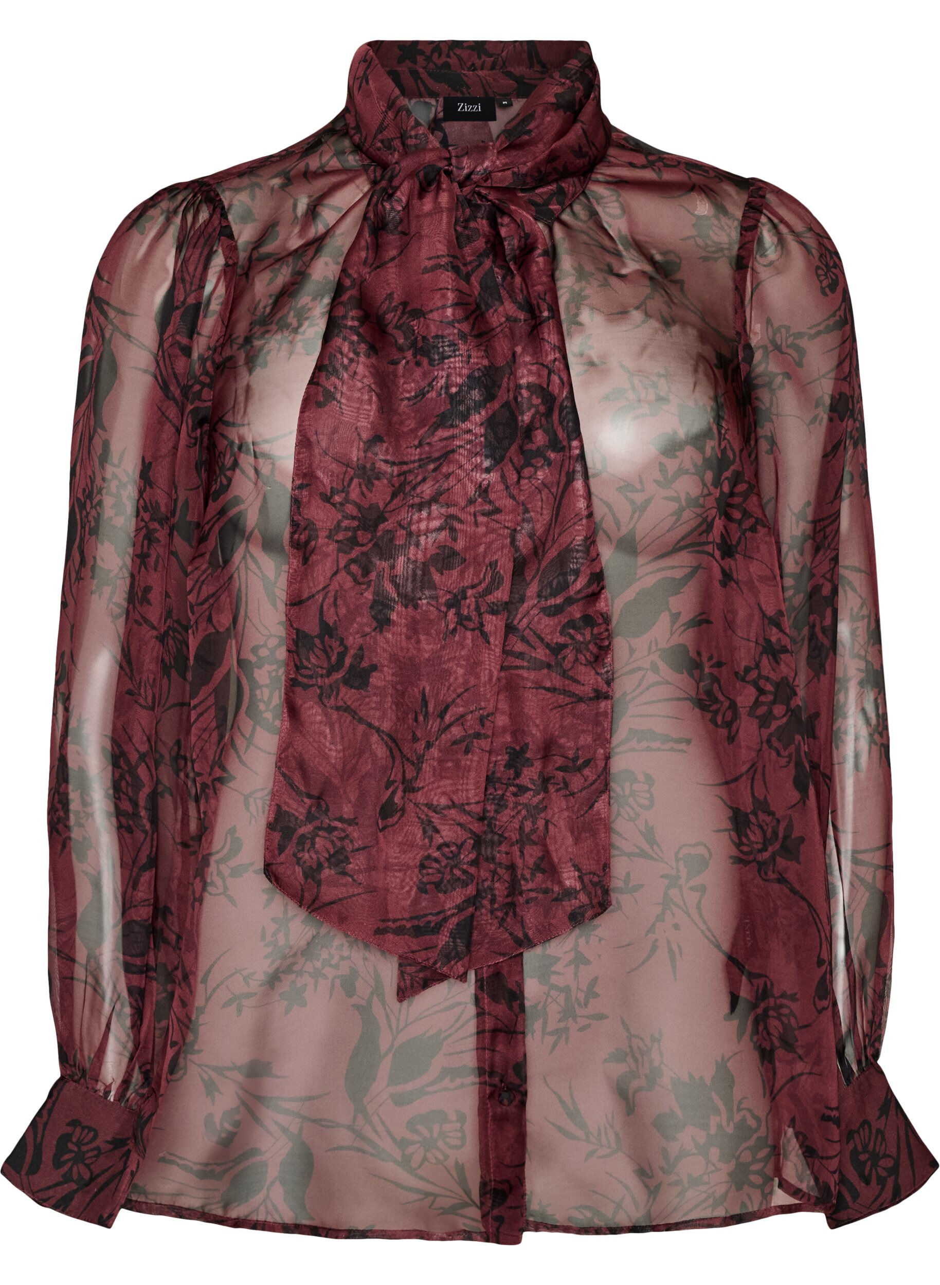 ZizziTransparente Hemdbluse mit Blumenmuster und Bindedetail, Dunkles Bordeaux, Packshot image number 0