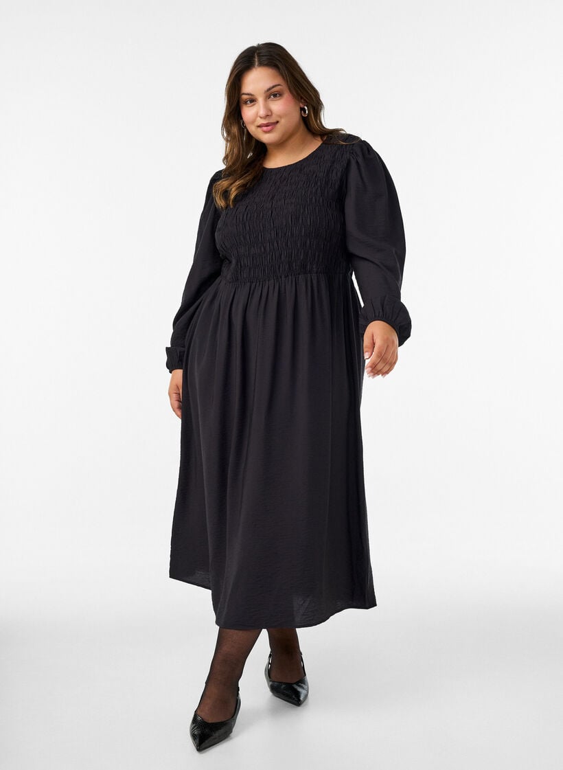 Midikleid aus Viskose mit Smock, Schwarz, Model image number 0