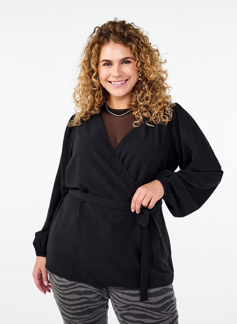 Wickelbluse mit Bindeband und langen Ärmeln, Schwarz, Model image number 0
