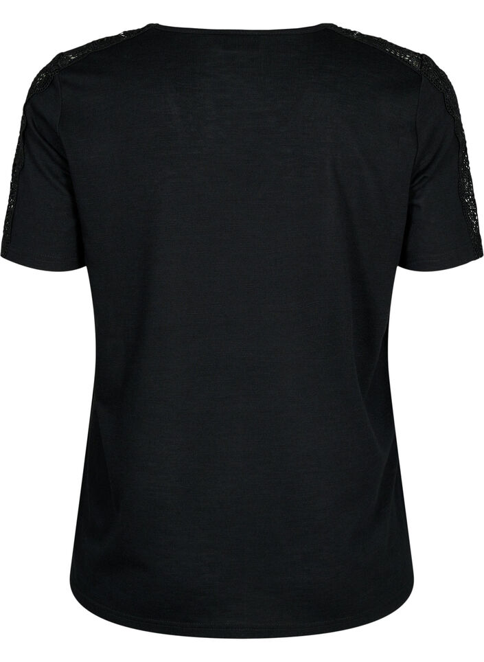 Kurzärmelige Bluse mit Spitze und V-Ausschnitt, Black, Packshot image number 1
