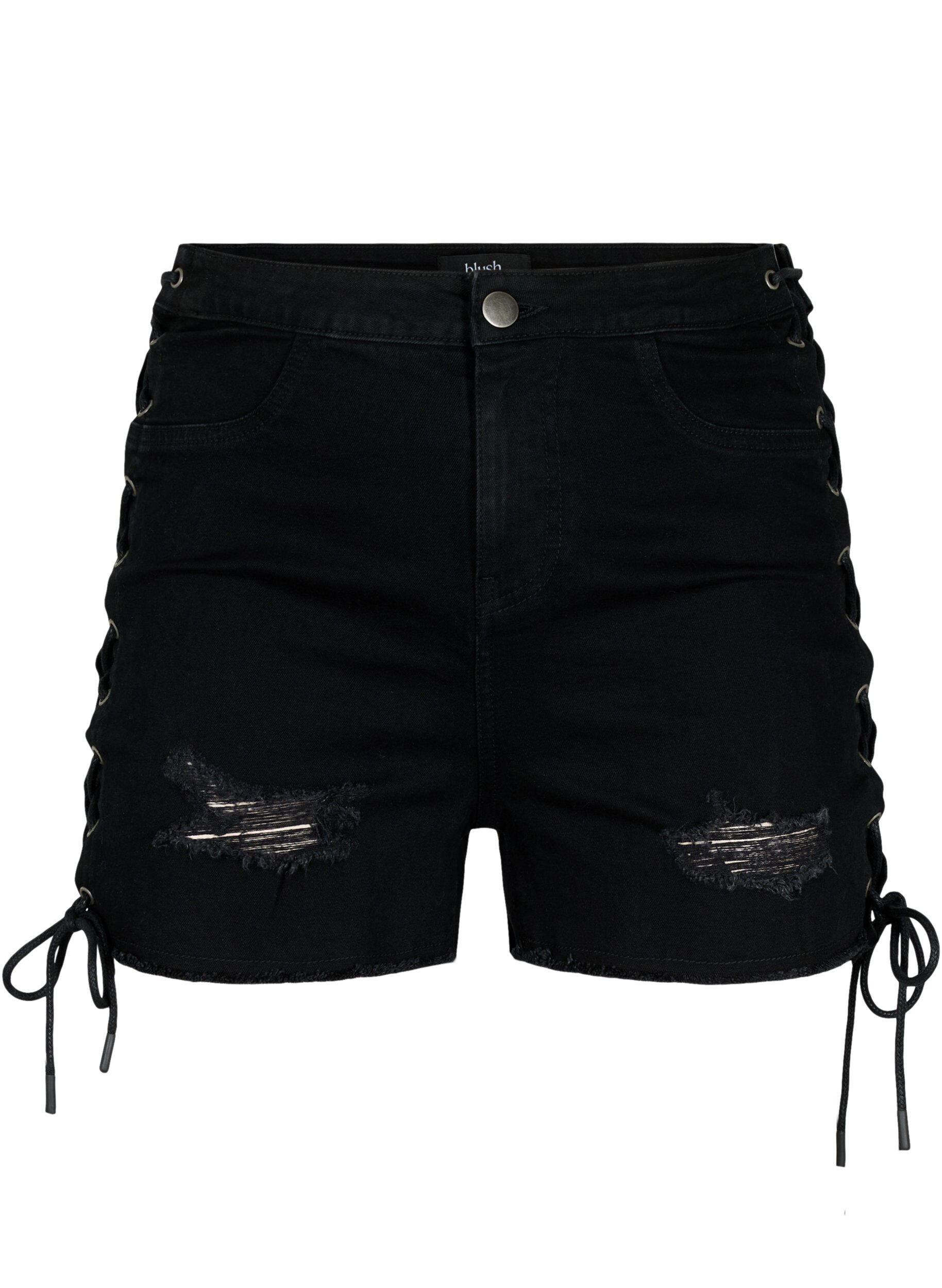 ZizziGerippte Jeansshorts mit Schn&uuml;ren, Black Denim, Packshot image number 0