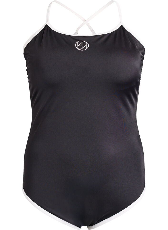 Sportbadeanzug mit kontrastfarbenen Paspeln und &uuml;berkreuzten Tr&auml;gern, Schwarz, Packshot image number 0