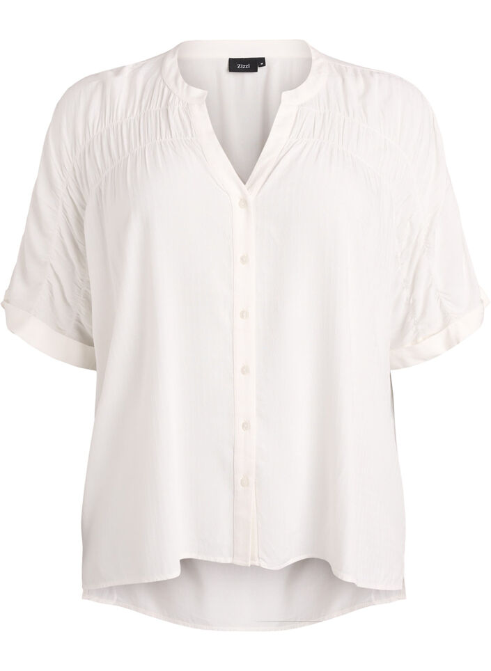 Bluse aus Viskose mit kurzen &Auml;rmeln und Raffdetails, Vanille, Packshot image number 0