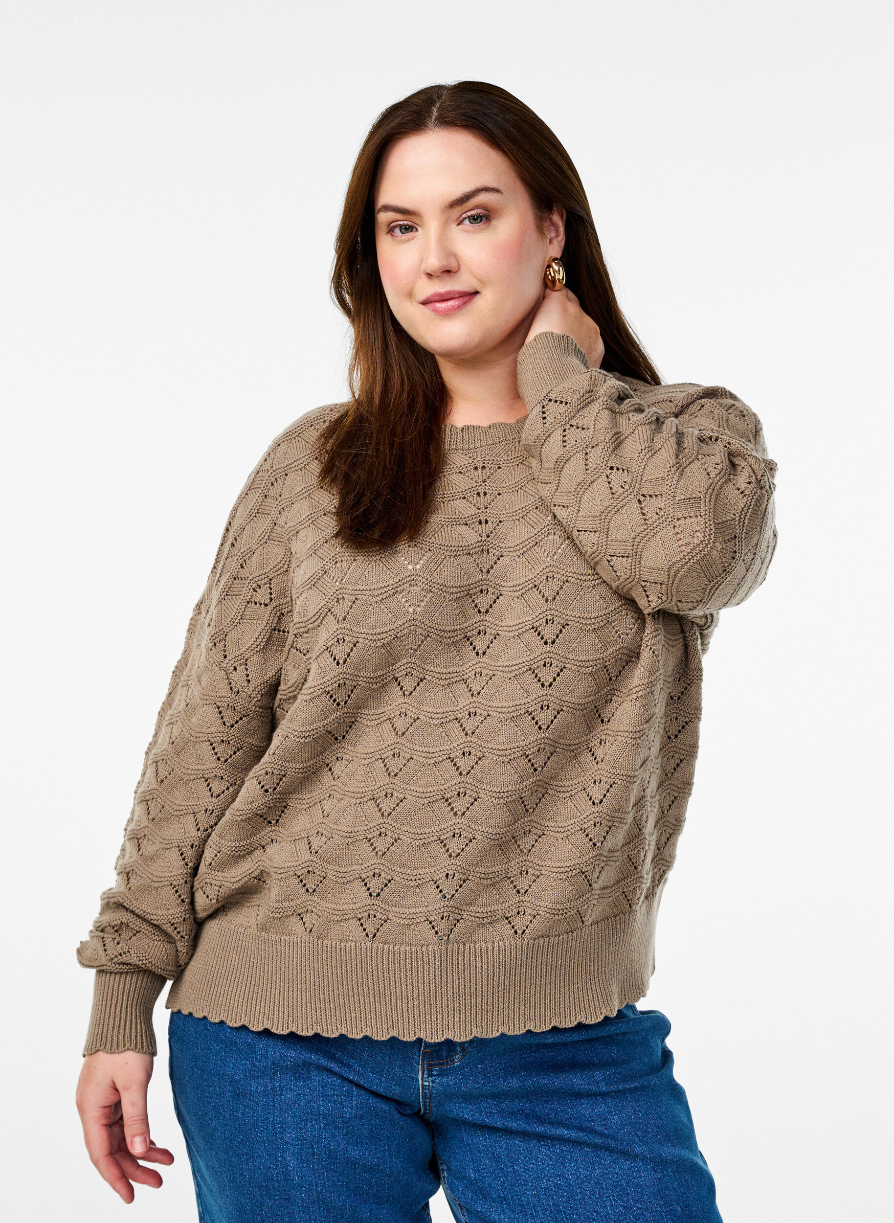 ZizziStrickbluse mit Lochmuster und langen &Auml;rmeln, Desert Taupe, Model image number 0