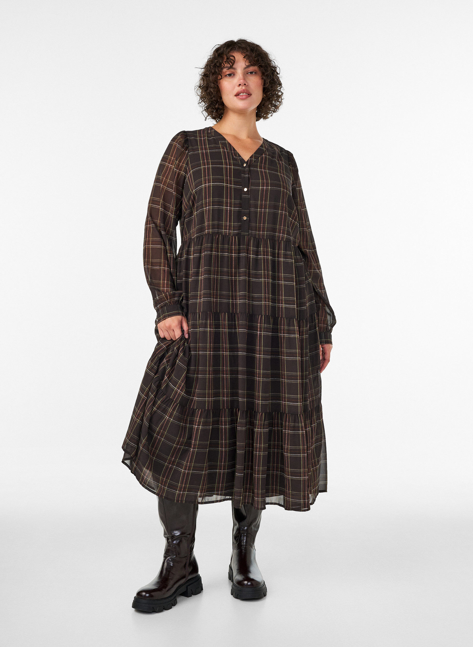 ZizziKariertes Midikleid mit Stufenrock, Braun, Model image number 0