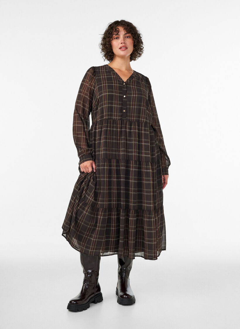 Kariertes Midikleid mit Stufenrock, Braun, Model image number 0