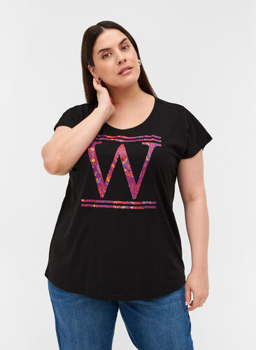 T-Shirt aus Baumwolle mit farbigem Aufdruck, Black W, Model image number 0