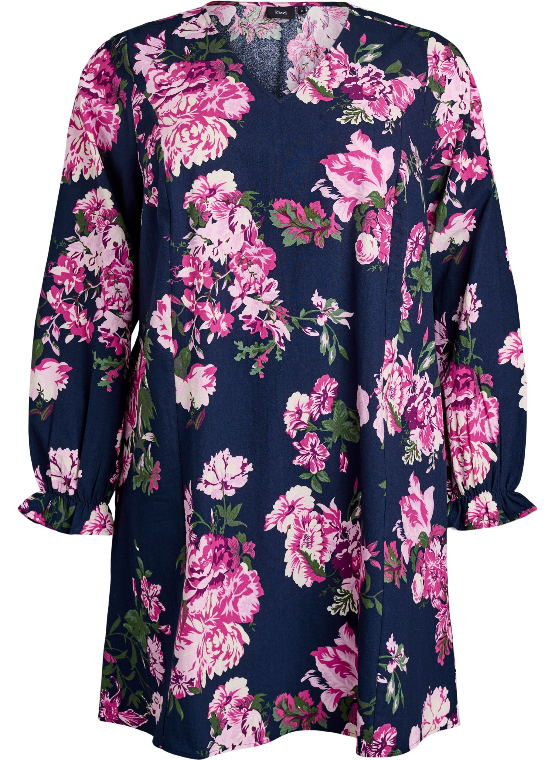 Kurzes Kleid aus Baumwolle mit V-Ausschnitt und langen &Auml;rmeln