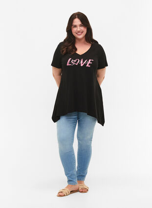T-Shirt aus Baumwolle mit kurzen Ärmeln, Black LOVE, Model image number 2