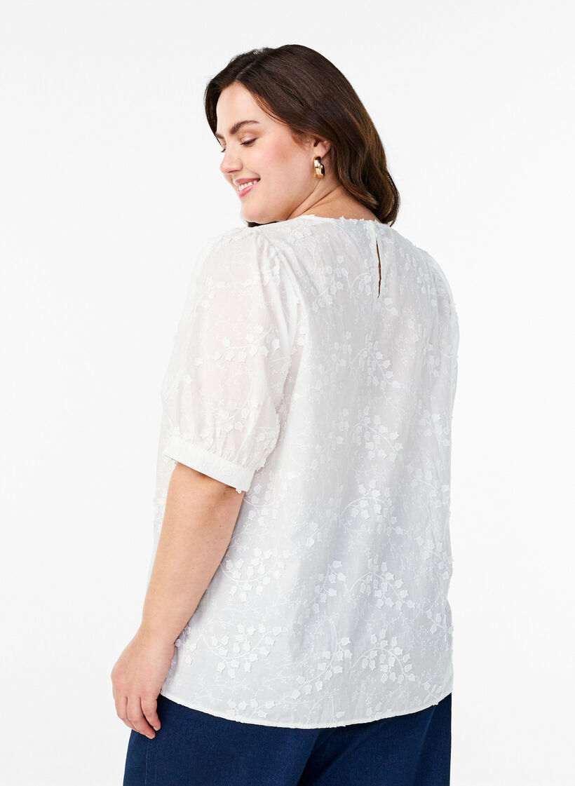 Bluse mit kurzen Ärmeln, Stickerei und Rundhalsausschnitt, Weiß, Model image number 2