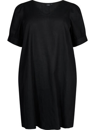 V-Ausschnitt-Kleid aus Baumwollmischung mit Leinen, Black, Packshot image number 0