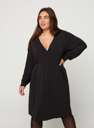 Langarm Kleid mit V-Ausschnitt, Black, Model image number 0