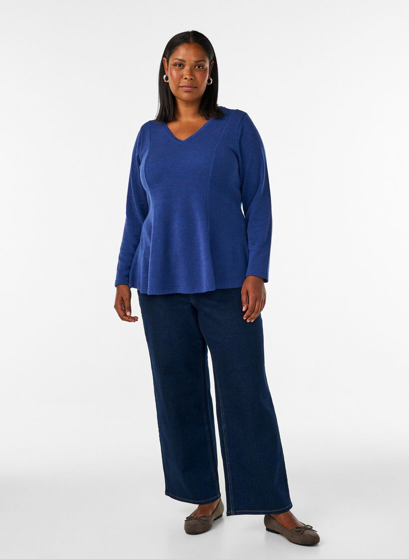 Bluse aus Jersey mit gerippter Struktur und A-Linien-Passform, Blau, Model image number 1