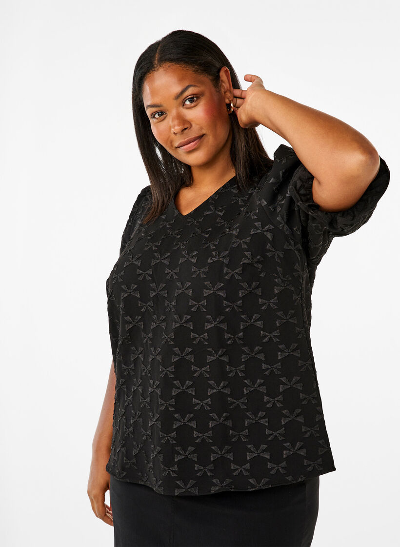 Kurzärmelige Jacquard-Bluse mit Schleifen, Black W. Bow, Model image number 0