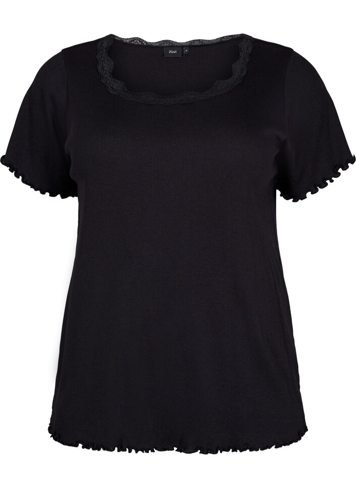 Kurzarm Nachthemd mit Spitzenbesatz, Black, Packshot image number 0