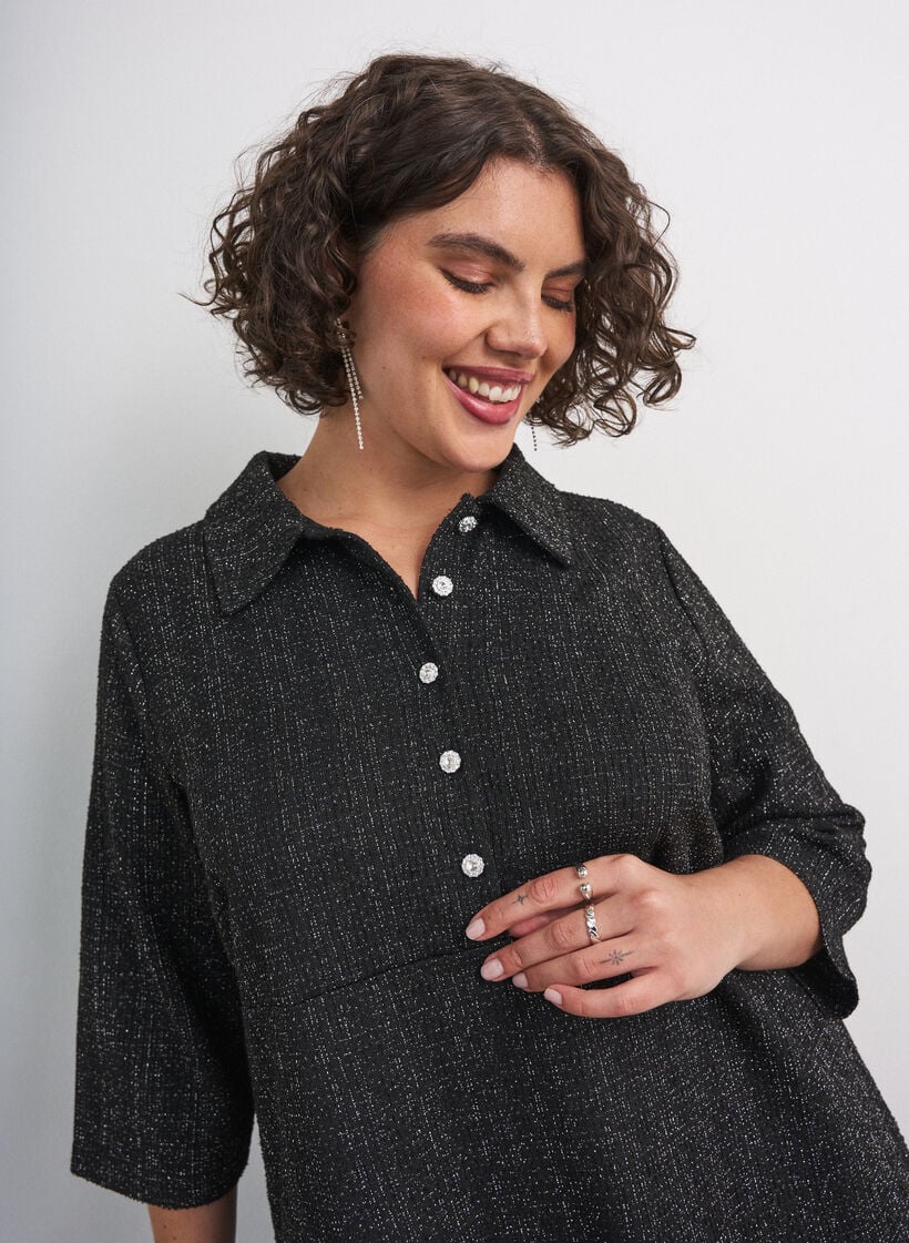 Kurzes Boucl&eacute;-Kleid mit Zierkn&ouml;pfen, Schwarz, Model image number 3