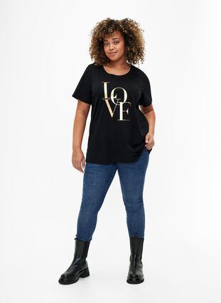 T-Shirt aus Baumwolle mit goldener Aufschrift, Black w. Gold Love, Model image number 2