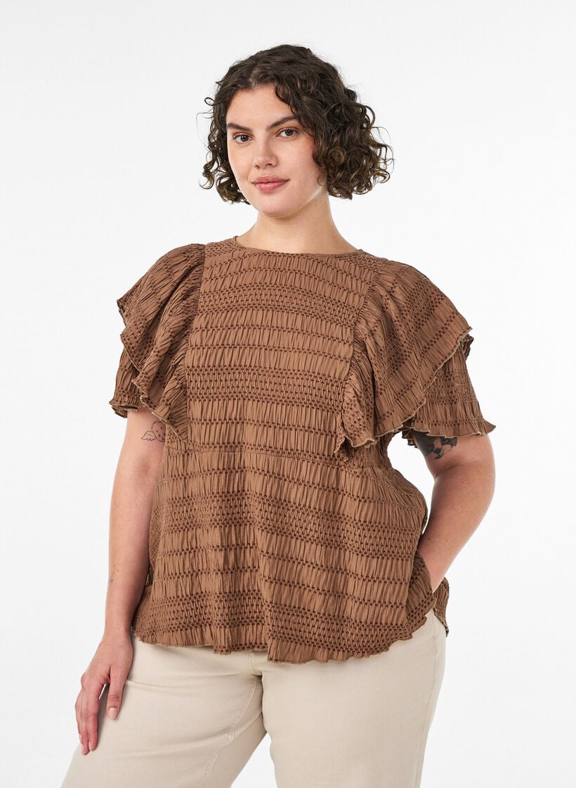 Bluse mit gesmokter Textur und R&uuml;schen&auml;rmeln, Braun, Model image number 0