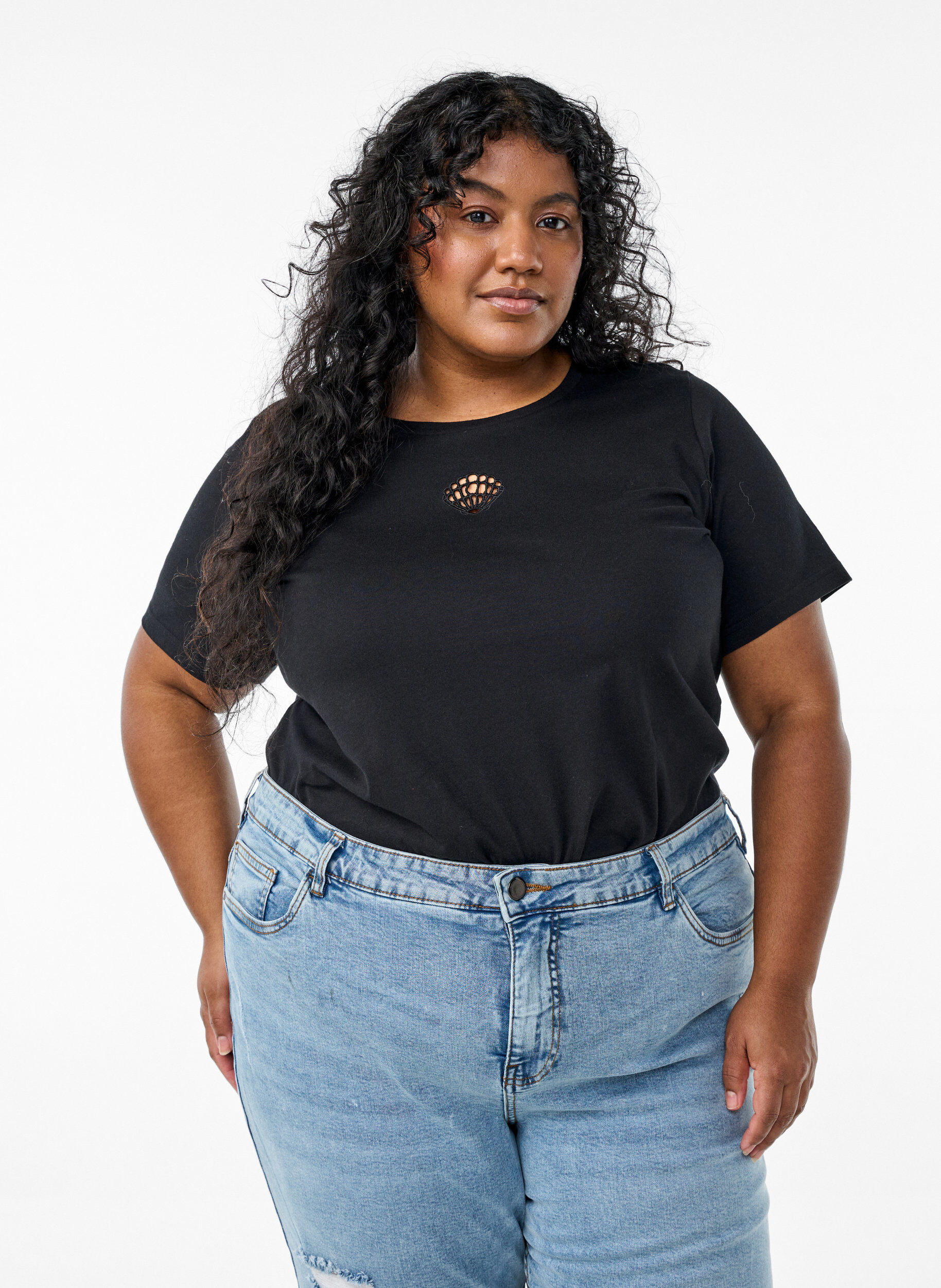 T-Shirt mit dekorativen Details, Schwarz, Model