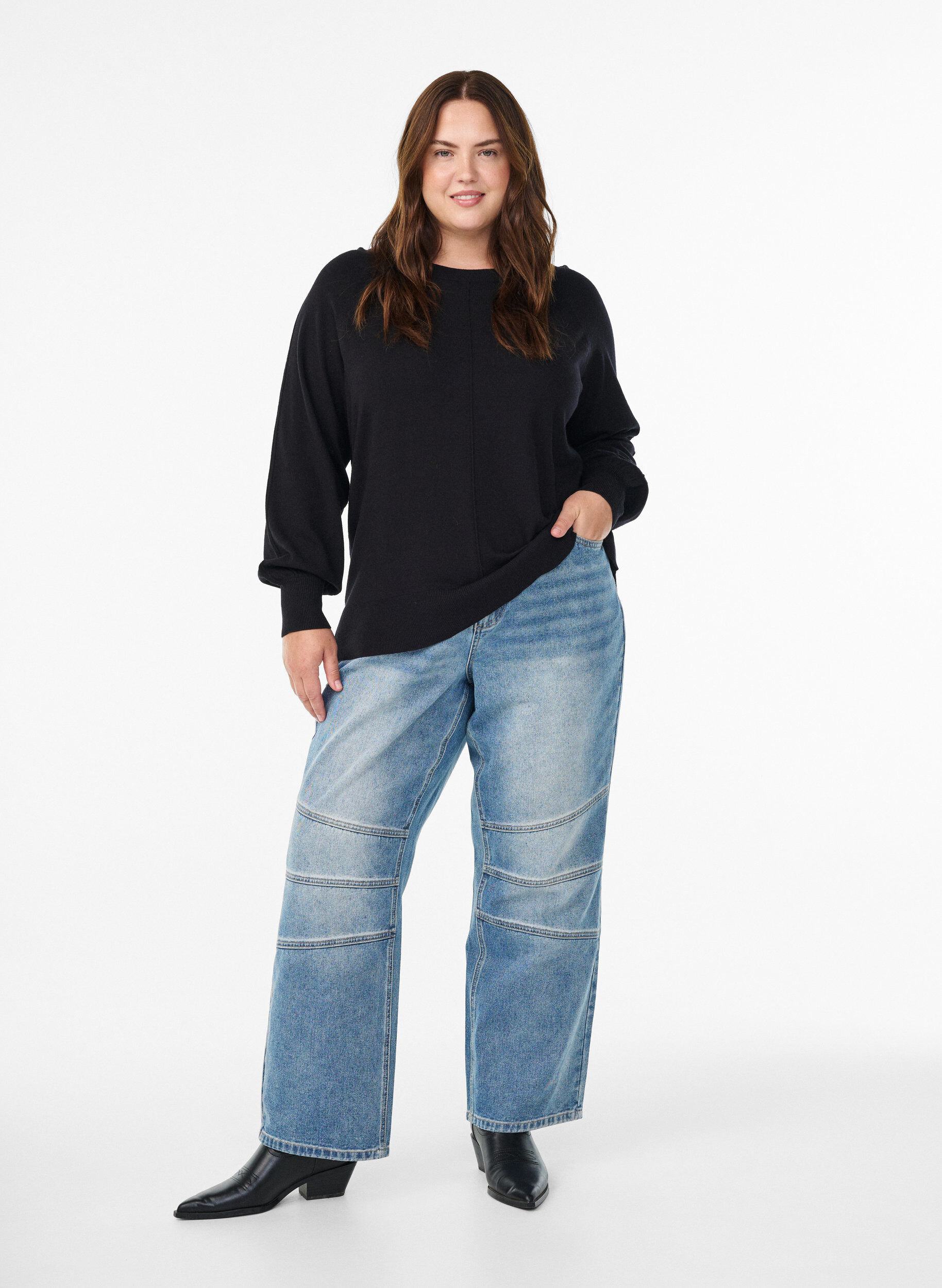 ZizziStrickbluse mit Mittelnaht und Raglan&auml;rmeln, Schwarz, Model image number 1