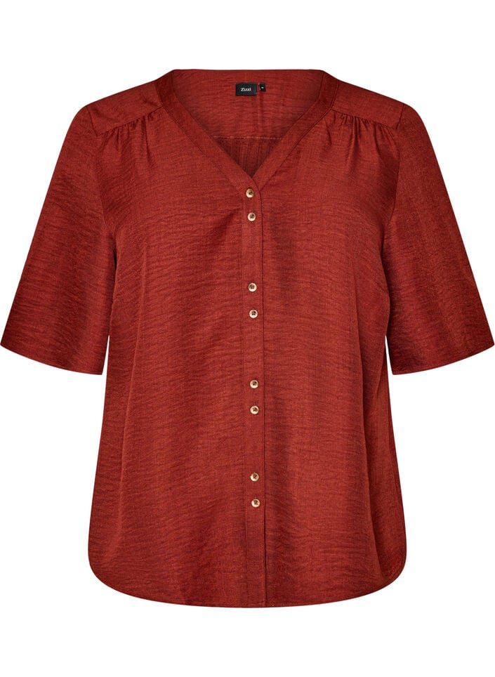 Hemdbluse mit V-Ausschnitt und kurzen &Auml;rmeln, Rot, Packshot image number 0