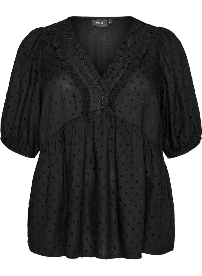 Bluse aus Viskose mit gepunkteter Struktur und V-Ausschnitt, Schwarz, Packshot image number 0