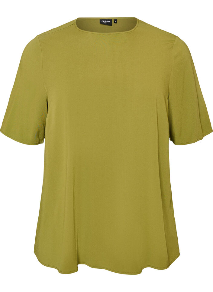 Kurz&auml;rmelige, gewebte Bluse mit Rundhals, Gr&uuml;n, Packshot image number 0