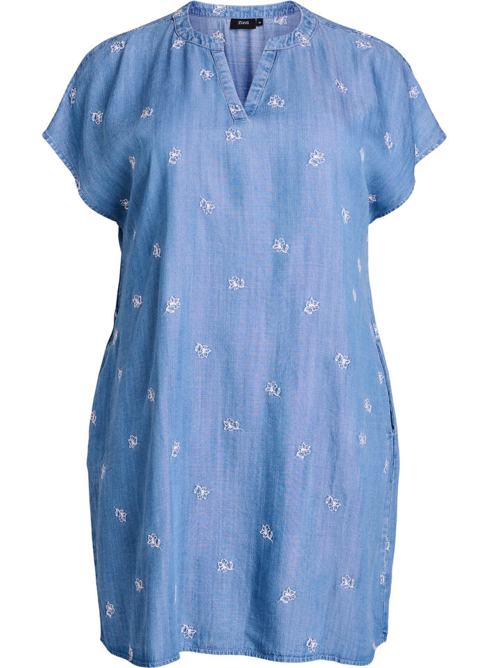 Kleid aus Lyocell mit Denim-Look und bestickten Blumen, Blau, Packshot image number 0