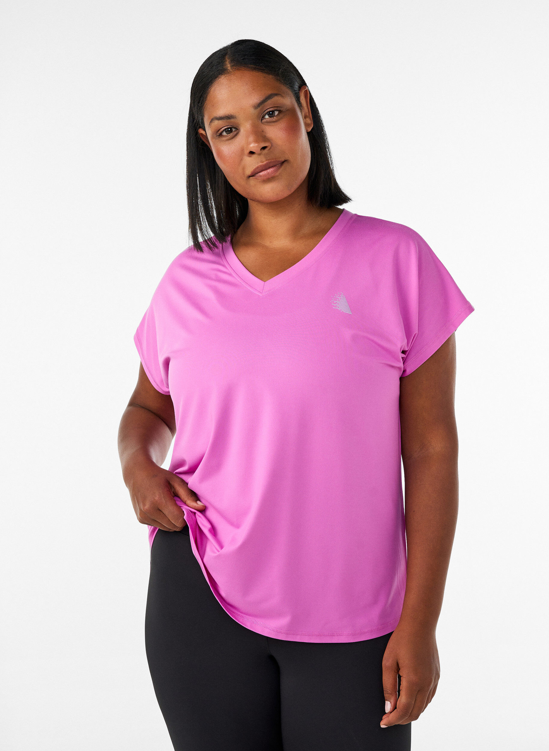 Kurzarm Trainingsshirt mit V-Ausschnitt, Lila, Model