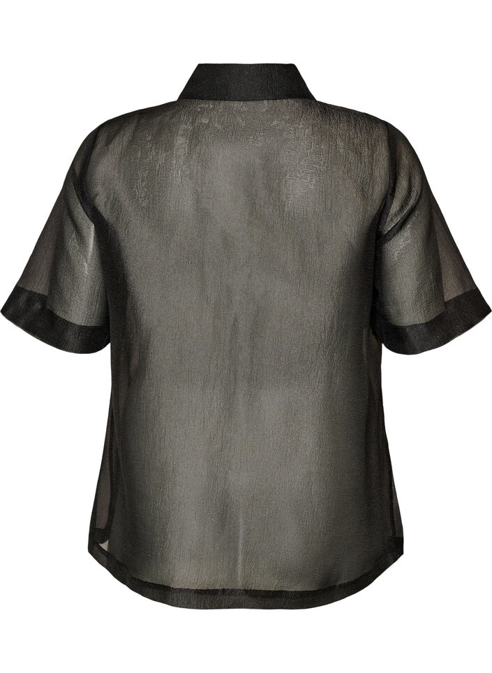 Transparente kurz&auml;rmelige Bluse mit Brusttaschen, Schwarz, Packshot image number 1